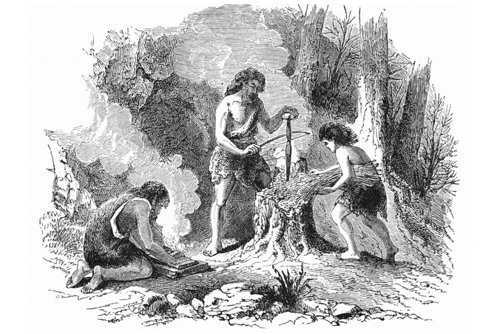 Drawing of prehistoric humans preparing food.